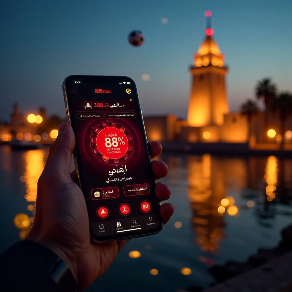 A hand holding a luxury smartphone displaying the official 888starz Egypt app with a sleek red and black interface in Arabic, background is the Cairo Tower and the Nile River at night with vibrant golden and red bokeh lights, 3D golden coins and a soccer 